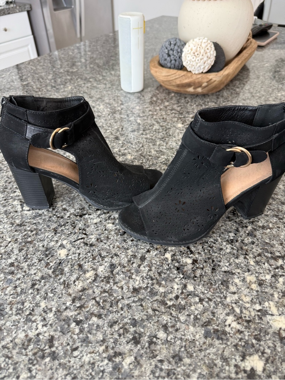 Black Peep-Toe Block Heel Sandals with Buckle